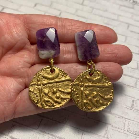 Amethyst Etruscan 22k Gold Plated Coin Earrings - Picture 1 of 7